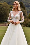 A Line Ivory Lace Appliqued Pleated Wedding Dress with Long Sleeves