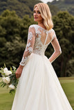 A Line Ivory Lace Appliqued Pleated Wedding Dress with Long Sleeves
