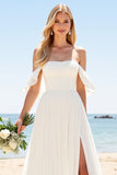 A Line Ivory Pleated Off The Shoulder Long Wedding Dress with Slit