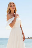 A Line Ivory Pleated Off The Shoulder Long Wedding Dress with Slit