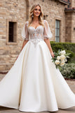 Ivory Lace Appliqued A Line  Half Sleeves Wedding Dress