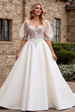 Ivory Lace Appliqued A Line  Half Sleeves Wedding Dress