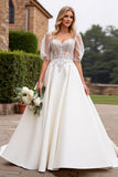 Ivory Lace Appliqued A Line  Half Sleeves Wedding Dress