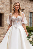 Ivory Lace Appliqued A Line  Half Sleeves Wedding Dress