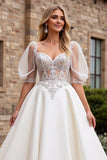 Ivory Lace Appliqued A Line  Half Sleeves Wedding Dress