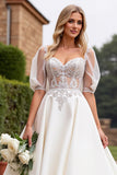 Ivory Lace Appliqued A Line  Half Sleeves Wedding Dress