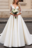 Ivory Lace Appliqued A Line Wedding Dress with Half Sleeves