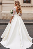Ivory Lace Appliqued A Line Wedding Dress with Half Sleeves