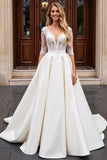 Ivory Lace Appliqued A Line Wedding Dress with Half Sleeves