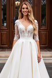 Ivory Lace Appliqued A Line Wedding Dress with Half Sleeves