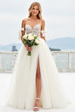 Lace Ivory Spaghetti Straps Tulle A Line Long Wedding Dress with Slit