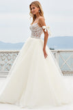 Lace Ivory Spaghetti Straps Tulle A Line Long Wedding Dress with Slit