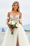 Lace Ivory Spaghetti Straps Tulle A Line Long Wedding Dress with Slit