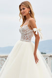 Lace Ivory Spaghetti Straps Tulle A Line Long Wedding Dress with Slit