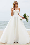 Ivory A Line Halter Satin Pleated Long Wedding Dress