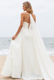 Ivory A Line Halter Satin Pleated Long Wedding Dress