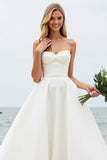 Ivory A Line Halter Satin Pleated Long Wedding Dress