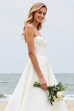 Ivory A Line Halter Satin Pleated Long Wedding Dress