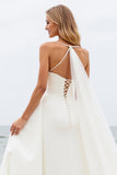 Ivory A Line Halter Satin Pleated Long Wedding Dress
