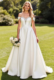 Ivory A Line Off the Shoulder Satin Long Wedding Dress