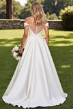 Ivory A Line Off the Shoulder Satin Long Wedding Dress