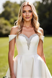 Ivory A Line Off the Shoulder Satin Long Wedding Dress
