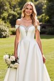 Ivory A Line Off the Shoulder Satin Long Wedding Dress
