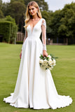 White Long Sleeves Appliqued A Line Wedding Dress