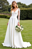 White Long Sleeves Appliqued A Line Wedding Dress