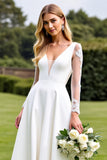 White Long Sleeves Appliqued A Line Wedding Dress