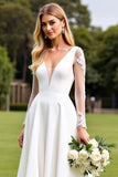 White Long Sleeves Appliqued A Line Wedding Dress