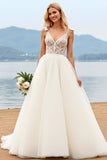 Ivory Lace A Line Spaghetti Straps Long Wedding Dress