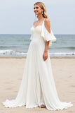 A Line Cold Shoulder White Pleated Boho Long Wedding Dress