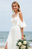 A Line Cold Shoulder White Pleated Boho Long Wedding Dress