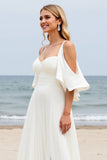 A Line Cold Shoulder White Pleated Boho Long Wedding Dress