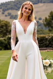 A Line Ivory Appliqued Wedding Dress with Long Sleeves