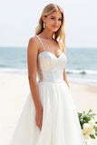 A Line Ivory Sequins Spaghetti Straps Long Wedding Dress