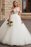 Ivory Off The Shoulder Lace Tulle Ball Gown Wedding Dress