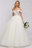 Ivory Off The Shoulder Lace Tulle Ball Gown Wedding Dress