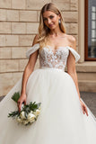 Ivory Off The Shoulder Lace Tulle Ball Gown Wedding Dress