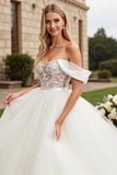 Ivory Off The Shoulder Lace Tulle Ball Gown Wedding Dress