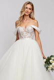 Ivory Off The Shoulder Lace Tulle Ball Gown Wedding Dress