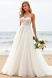 Ivory Tulle Strapless Lace A Line Boho Wedding Dress