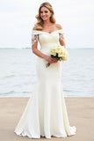 Ivory Mermaid Off The Shoulder  Satin Lace Wedding Dress