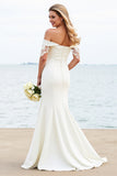 Ivory Mermaid Off The Shoulder  Satin Lace Wedding Dress