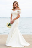 Ivory Mermaid Off The Shoulder  Satin Lace Wedding Dress