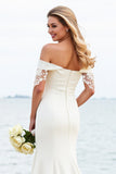 Ivory Mermaid Off The Shoulder  Satin Lace Wedding Dress