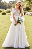 Chiffon Lace Ivory A Line V Neck Cape  Wedding Dress