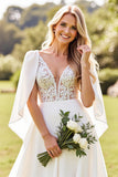 Chiffon Lace Ivory A Line V Neck Cape  Wedding Dress