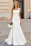 Ivory Square Neck Mermaid Sleeveless Satin Wedding Dress